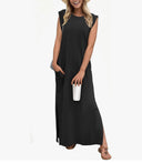 2026 Women Year-Round Casual Round Neck Loose Split Wrinkle-Free Long Maxi Vacation Dress with Pockets