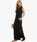 2026 Women Year-Round Casual Round Neck Loose Split Wrinkle-Free Long Maxi Vacation Dress with Pockets