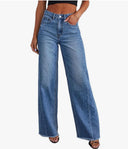 Women's Wide Leg Jeans High Waisted Stretchy Raw Hem Zimbaplatinum Denim Pants